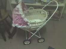 DOLL'S PRAM - WHITE CANE CARRIAGE WITH PINK HOOD, MATRESS AND PILLOW